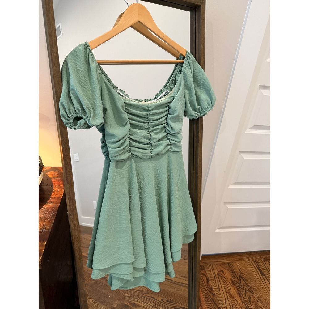 Sage Green Ruched Puff Sleeve Mini Dress